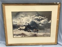 Print of a horse walking toward a cabin with mount