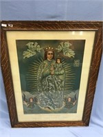Religious print of Mary holding Jesus with angels