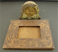 Vintage Wind-Up Clock, Vintage Pyro-Art Frame