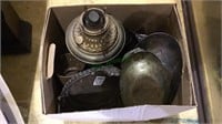 Box lot with silverplate, trays, oil lamp, round