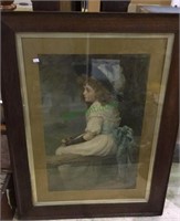 Large signed chromolithograph girl with a orange,