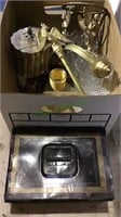 Box lot with brass pieces, glass vases, tin cash