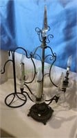 Antique metal lamp with glass prisms, & metal