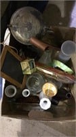 Box lot of odds and ends, glass vases, mirror,
