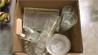 Box lot glassware, trays, glasses, bowls, (1066)