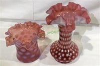 2 pink glass white dot ruffle edge vases, 5 & 8