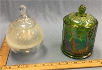 Carnival glass green covered candy dish 7" tall an