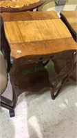 Tall side table with inlaid wood top, and shelf