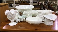 12 pieces of milk glass, hobnail & grape design