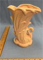 Pink McCoy vase 9" tall with swan on the side perf