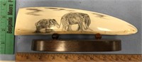 9" Scrimshawed mammoth ivory with cow and calf ele