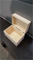Wood trinket box. Unfinished wood, hinged. About