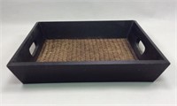 Wood 12" wide tray w/ woven accents