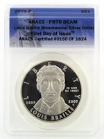 2009 PR70 D CAM Louis Braille Silver Dollar