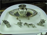 STERLING SILVER INKWELL & 4 SILVER TEA ORNAMENTS