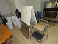 GROUP LOT - TRASH CANS, STANDUP FAN, DEER PICTURE
