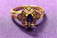 10K YELLOW GOLD RING WITH BLUE SAPPHIRE & DIAMONDS