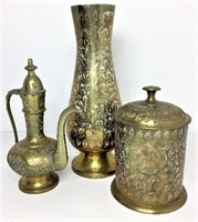 Etched Brass Ewer, Vase & Lidded Jar