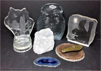 Blenko Etched Glass Owls, Squirrel,