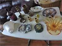 Chalet Style Ash Trays, Brass Candlesticks, etc.