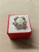 925 Ring with Round White Fire Opal Stone- Size 7