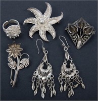 STERLING SILVER FILIGREE EARRINGS BROOCHES RING