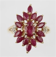 10K YELLOW GOLD RUBY CLUSTER RING