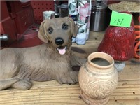 CERAMIC DOG, 2 MUCHROOMS AND SMALL POT
