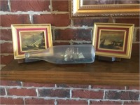 2 Small Boating Prints  and Ship in Bottle