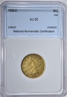 1839-D $5 GOLD LIBERTY NNC AU