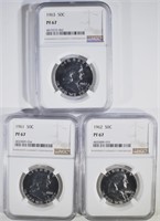 1961. 62 & 63 FRANKLIN HALF DOLLARS, NGC PF-67