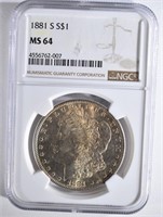 1881-S MORGAN DOLLAR, NGC MS-64