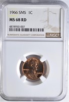 1966 SMS LINCOLN CENT, NGC MS-68 RED