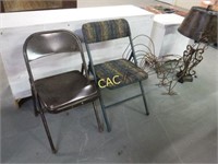 4pc Decor- 2 Folding Chairs, Iron Rooster, & Lamp