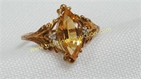 10k Gold Marquis Citrine & Diamond Ring - Size 9