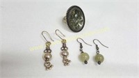 Hand-Crafted Stone Bead & Tribal Earrings w Ring