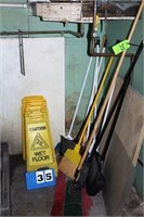 Assort. Mops, Brooms, Caution Signs, Trash Cans