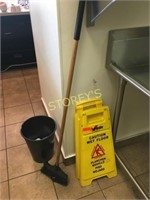 2 Wet Floor Signs, Trash Bin & Broom