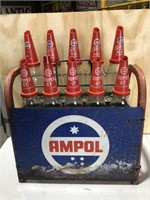 Ampol oil bottle rack, genuine bottles & tops