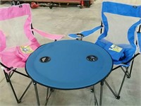 Two folding chairs and one folding table