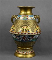 Antique Japanese Champleve Enamel Brass Urn Vase