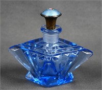 Czech Art Deco Blue Cut Glass Perfume Bottle