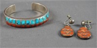 Vintage Turquoise and Coral Cuff and Earrings