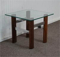 Mid Century Walnut and Chrome Glass Top Side Table
