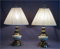 Vintage Pair White Enamel Brass Table Lamps