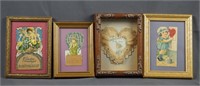 4 Framed  Antique Victorian Valentine Cards