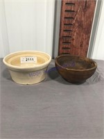 crock bowl and wood bowl