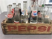 Pepsi wooden crate w/ glass pop bottles