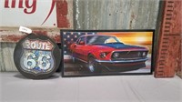 2 signs, route 66 and Mustang car