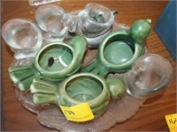 GROUPING: GLASS TRAY, CERAMIC BIRD DISHES, GLASS